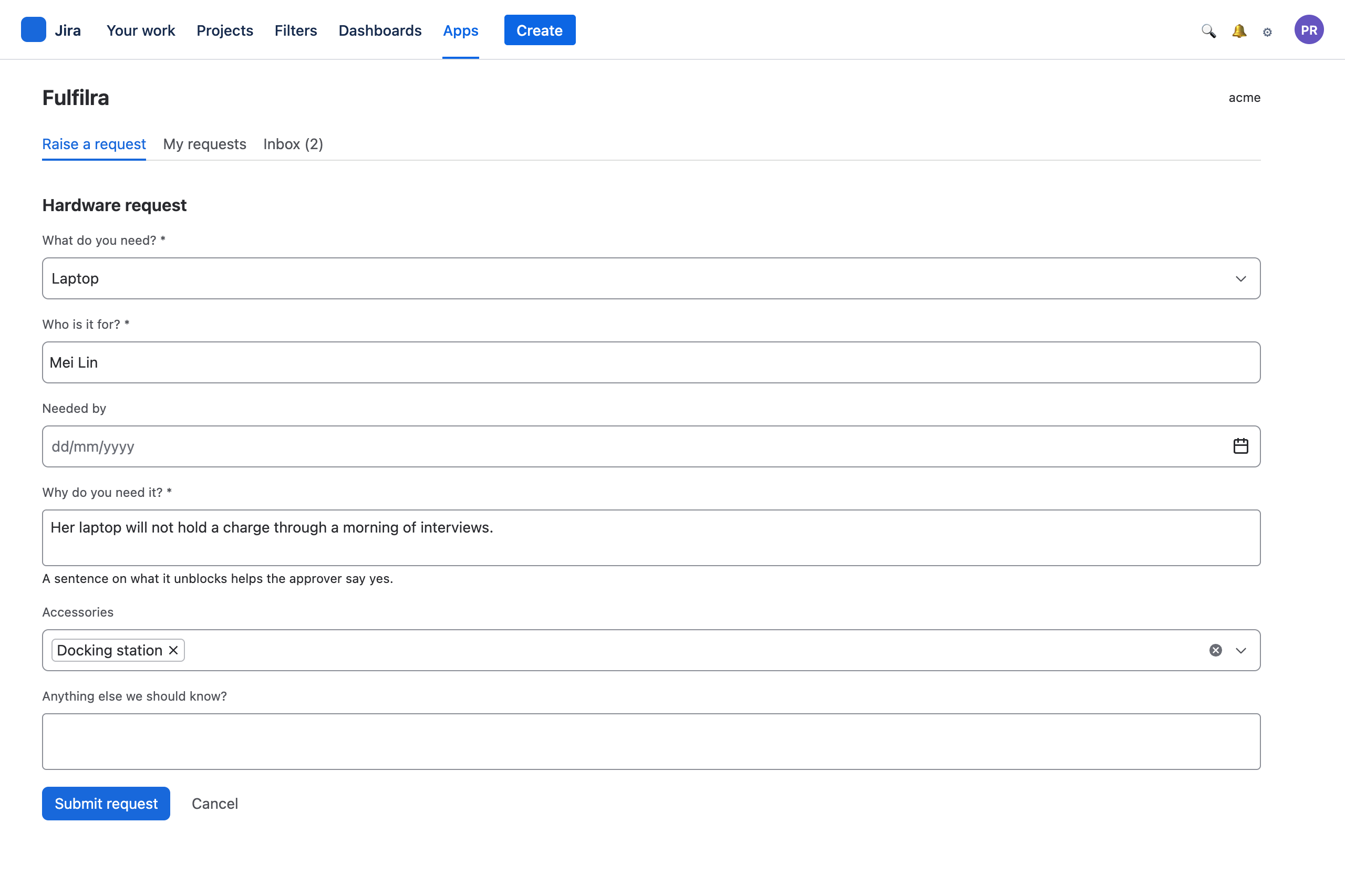 A hardware request form with typed fields and a required justification