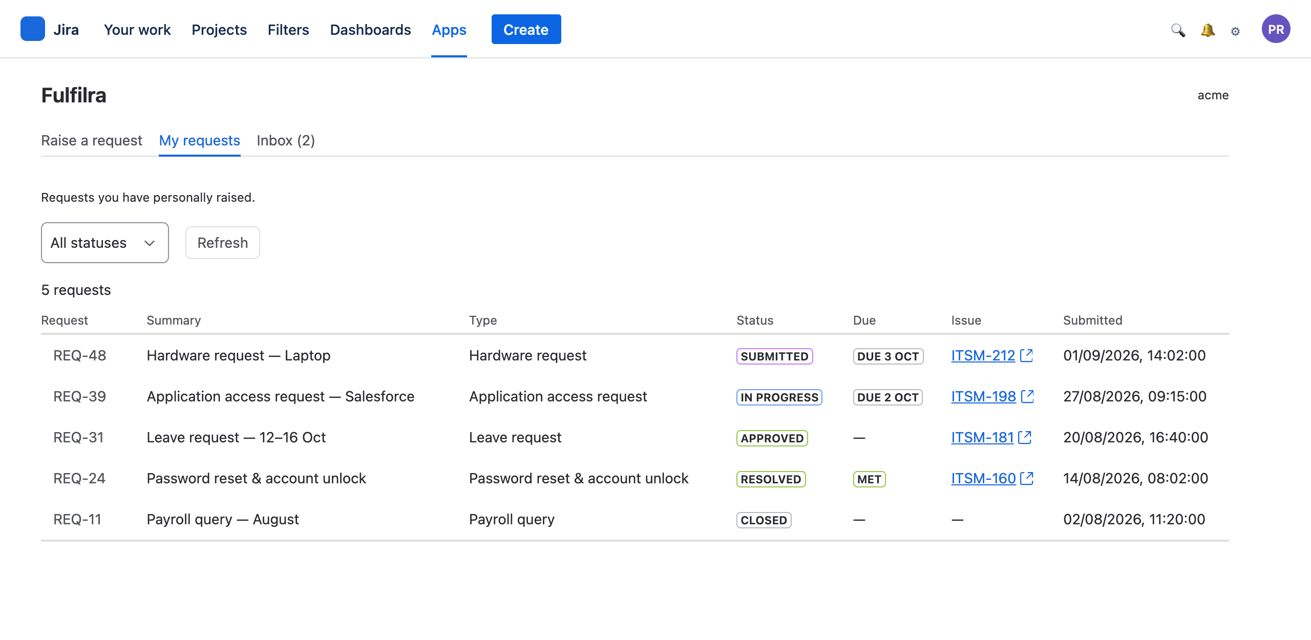 A requester's list of their own requests with statuses and linked Jira issues