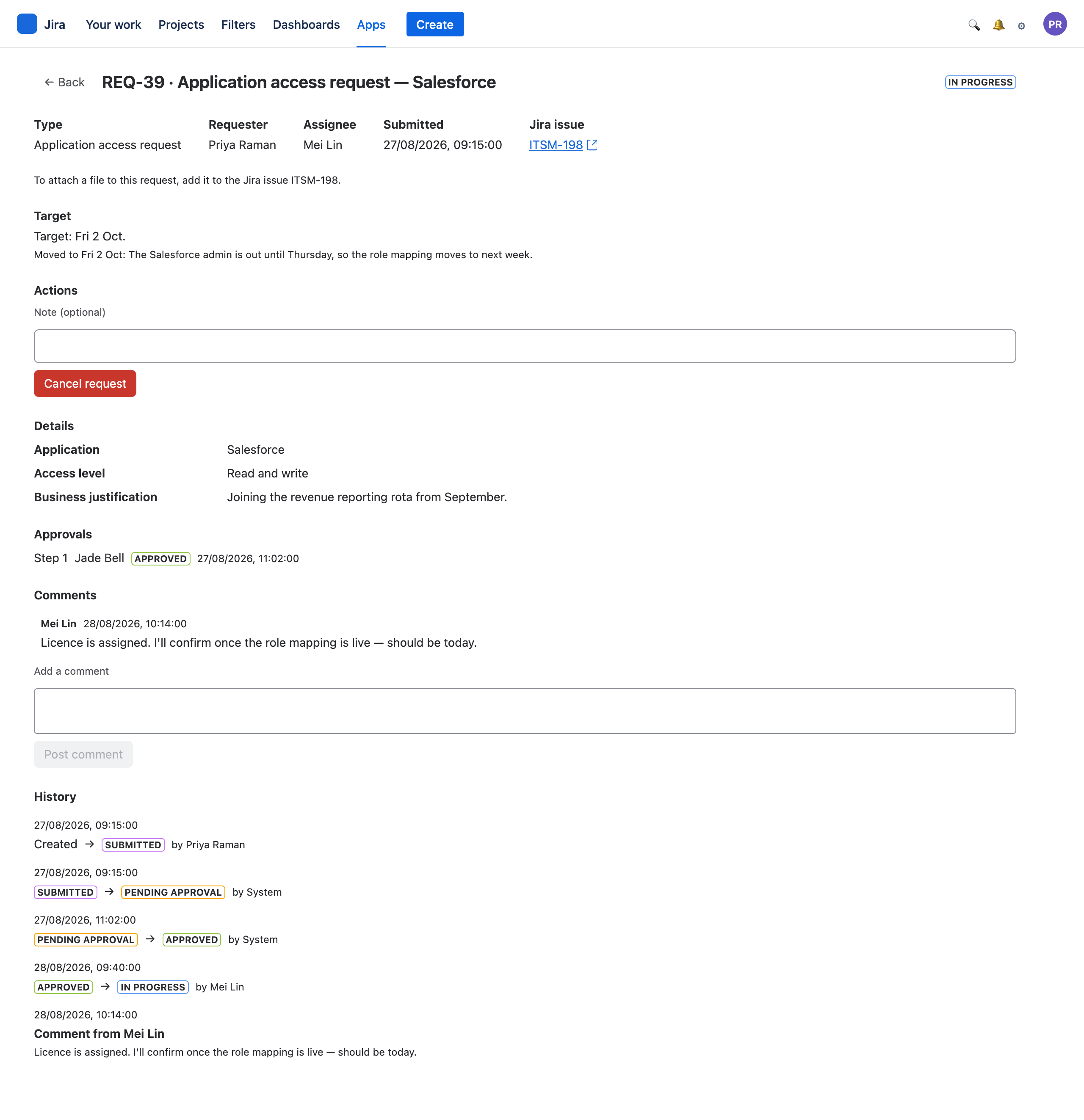 A request showing its details, approvals, comments and full history