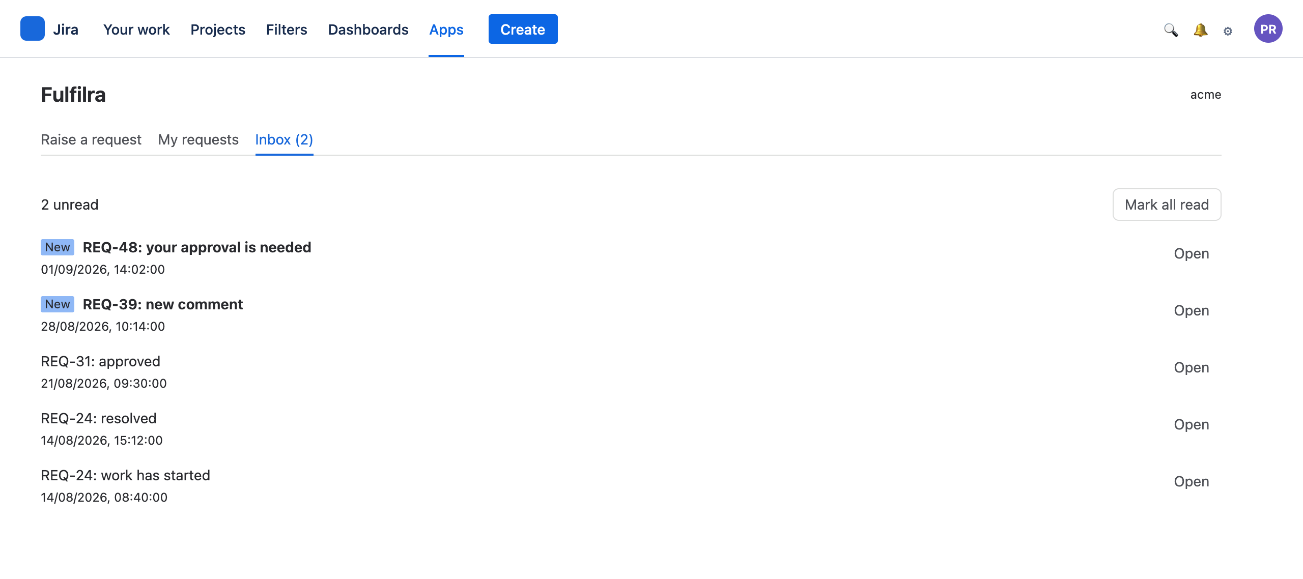 The in-app inbox with unread notifications about requests