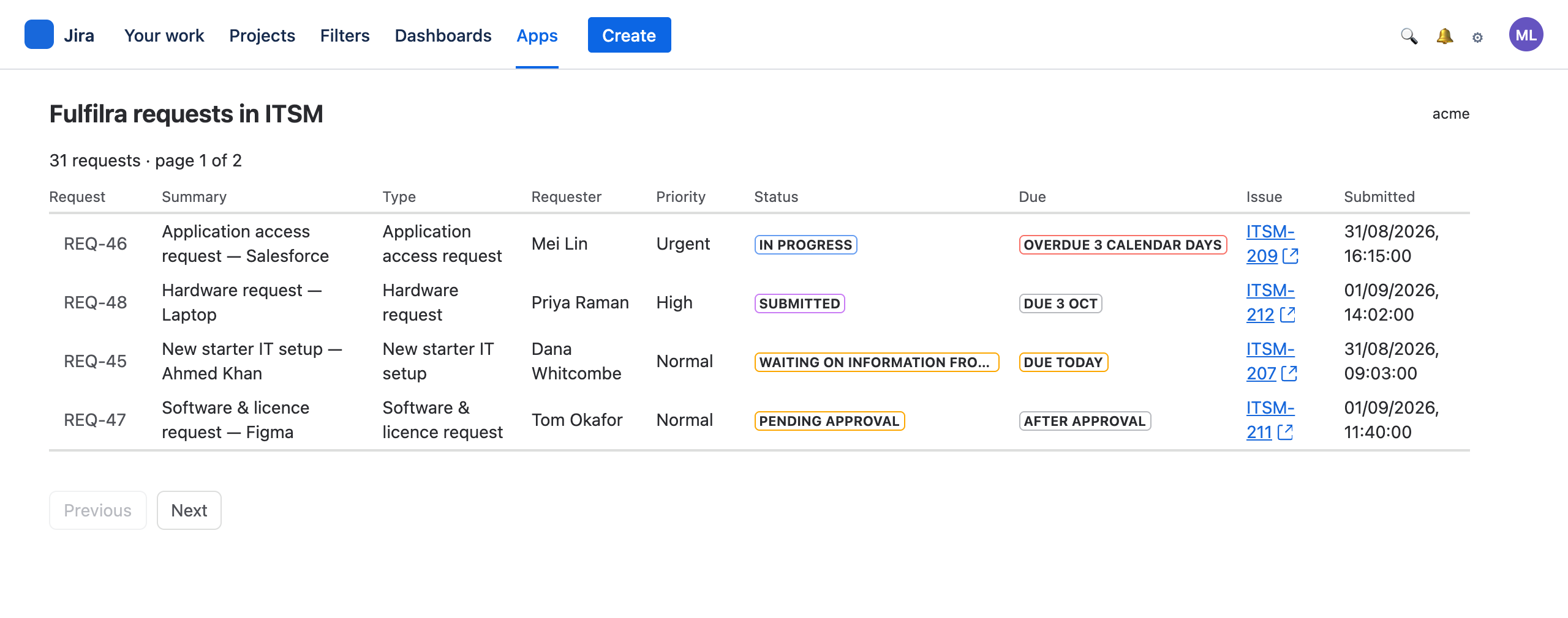 The Fulfilra tab inside a Jira project, listing requests linked to that project