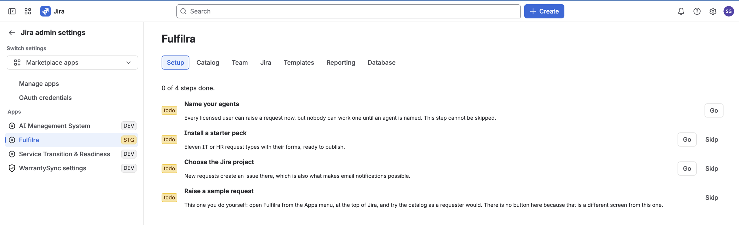 The four-step setup checklist in Fulfilra's admin settings