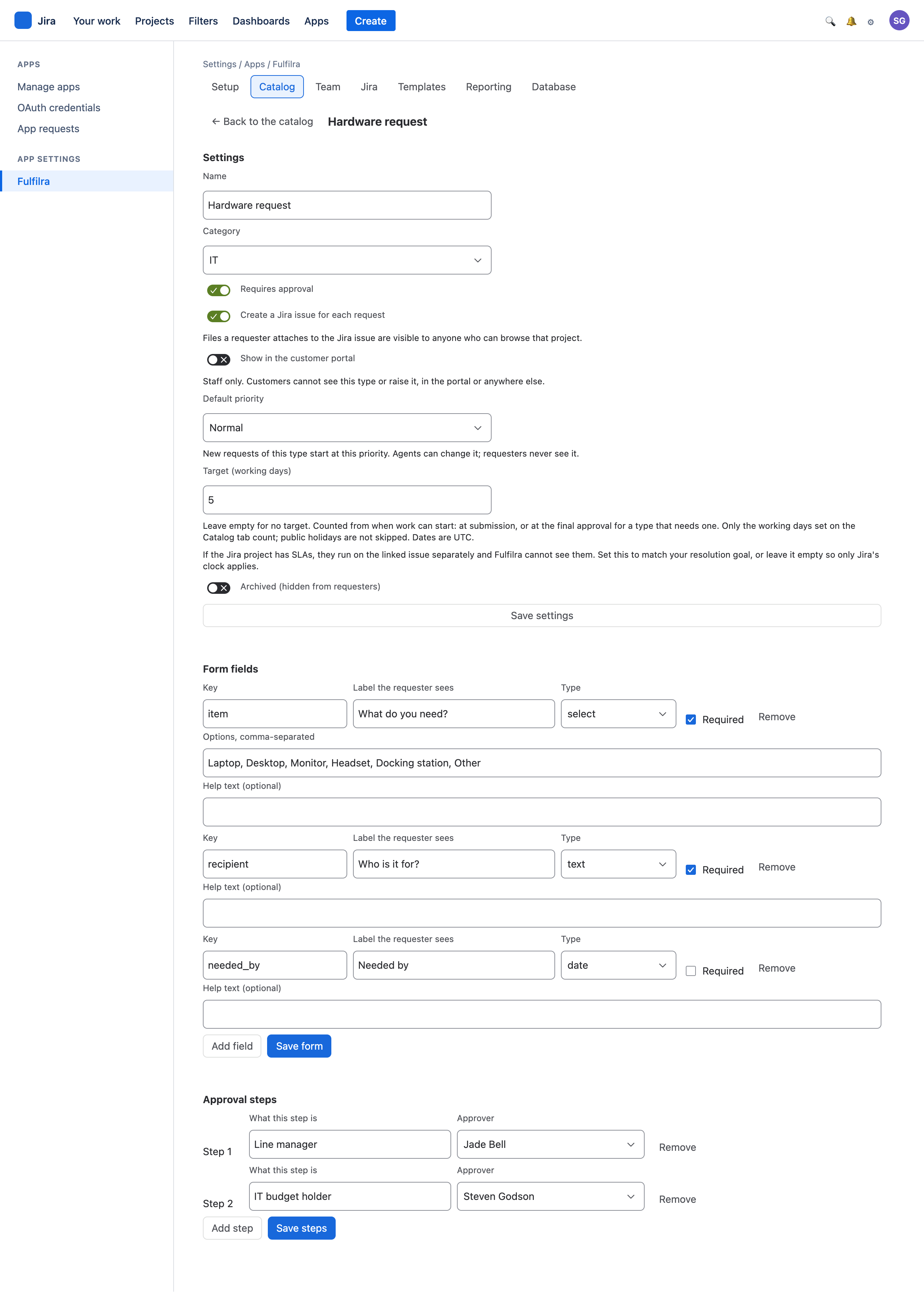 A request type being edited: settings, form fields and approval steps