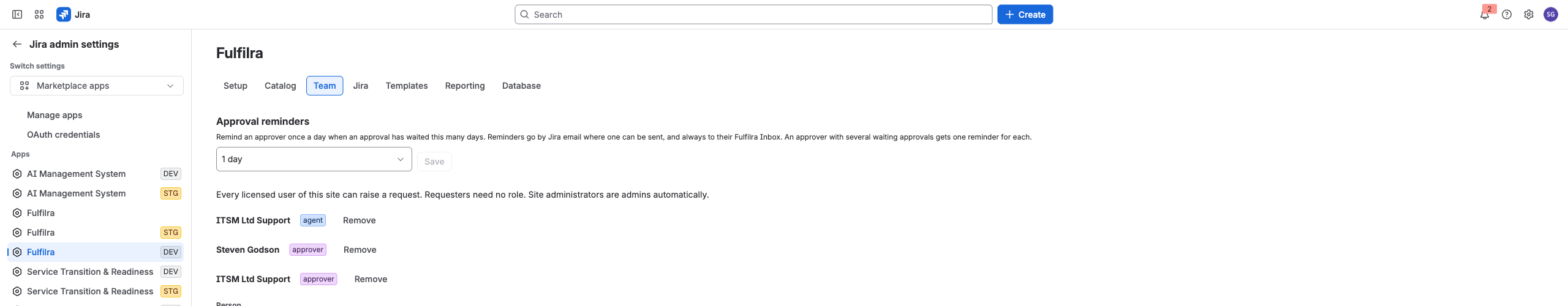 The team tab, granting agent and approver roles from a Jira user picker