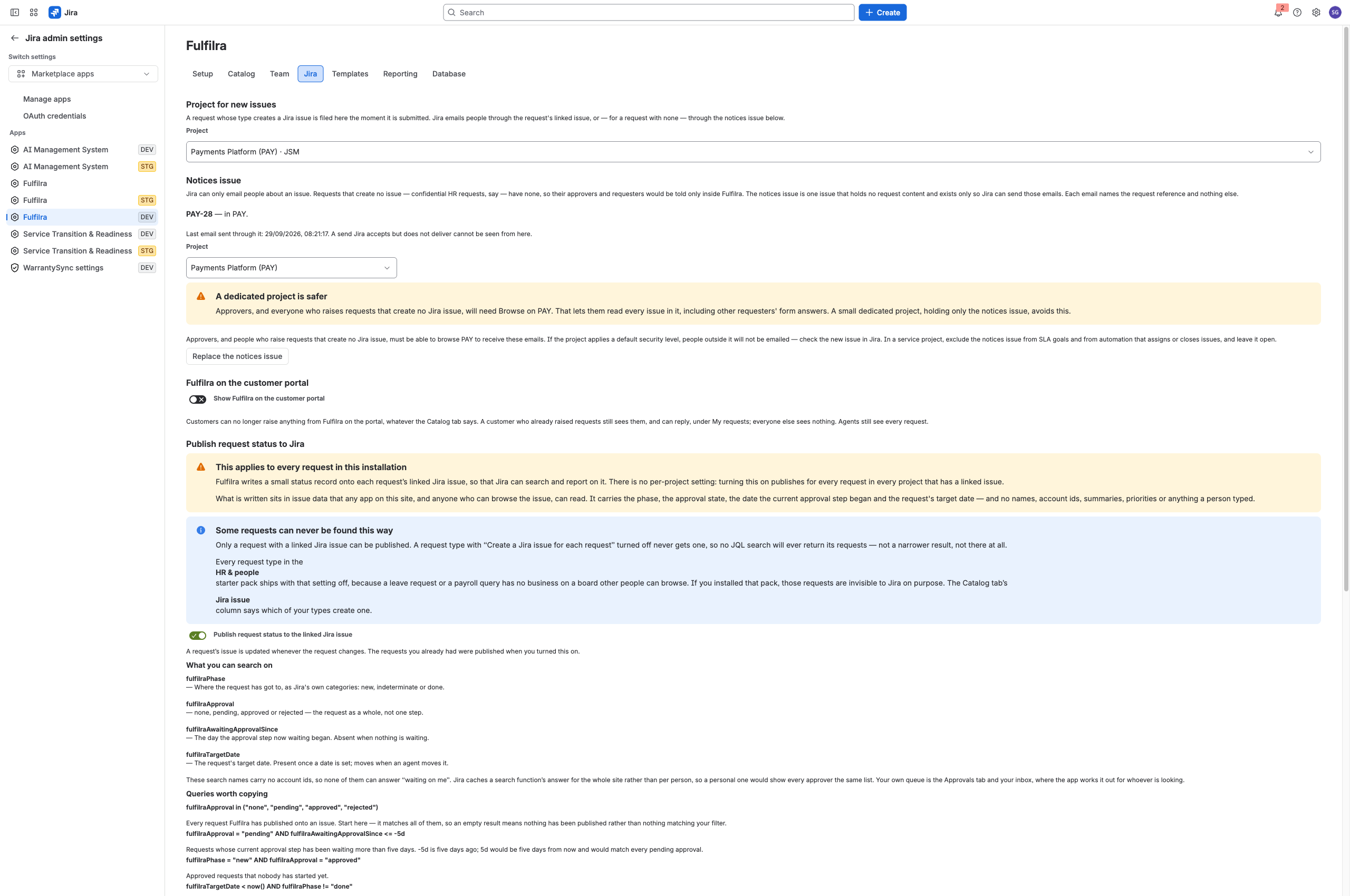 Jira settings: the project for new issues and the status category mapping