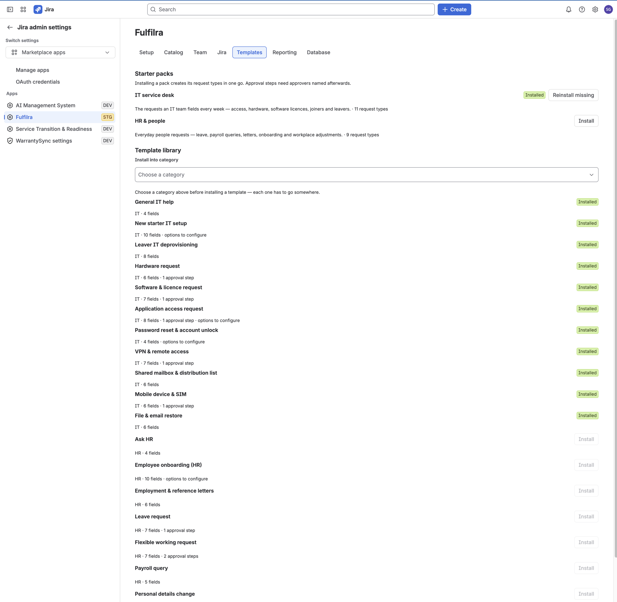 Starter packs and the template library in Fulfilra's admin settings