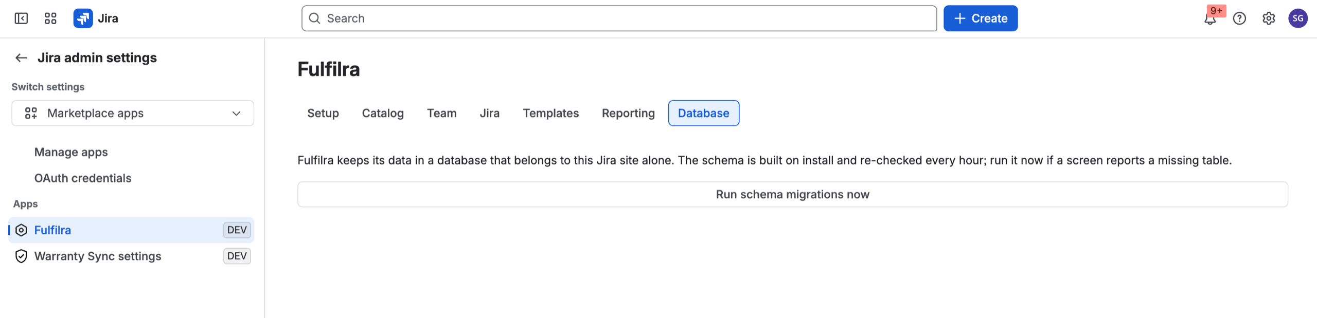 The Database tab in Fulfilra's admin settings, showing schema status and a Run schema migrations action