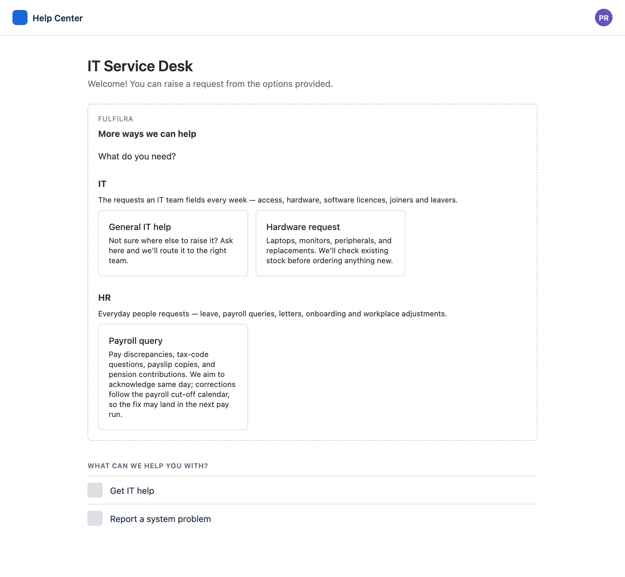A Jira Service Management help centre with a Fulfilra panel headed “More ways we can help”, listing IT and HR request types beside the service desk's own