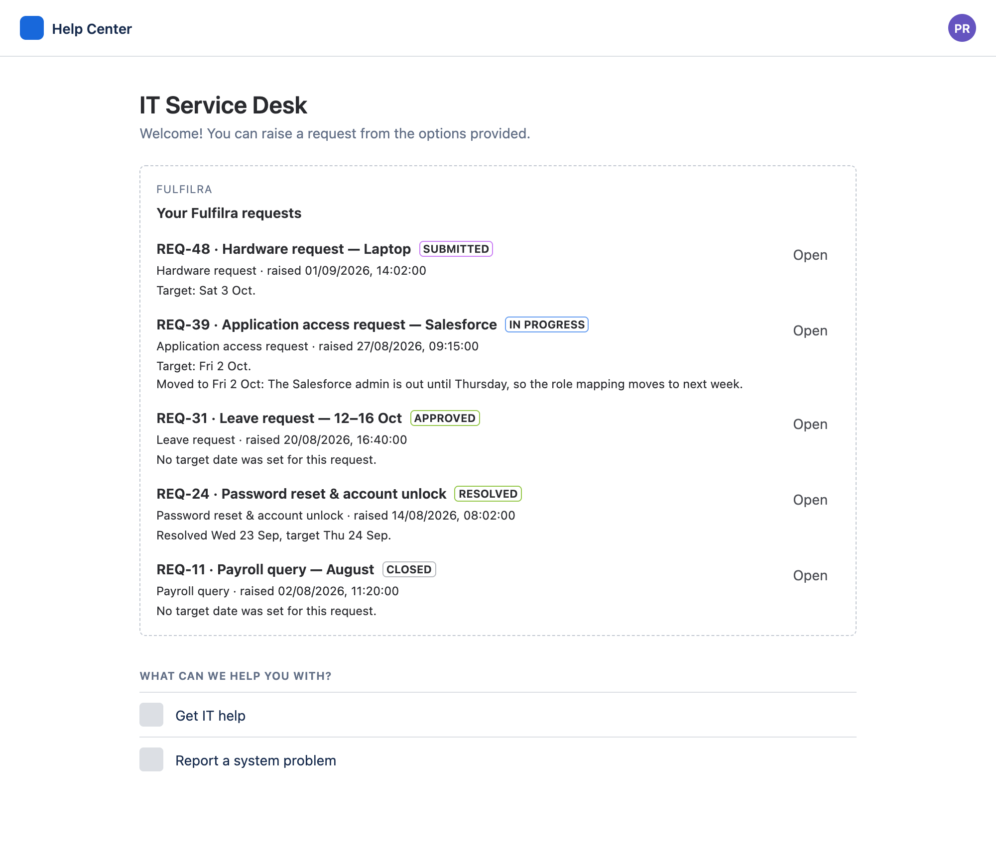 The same help centre with a Fulfilra panel headed “Your Fulfilra requests”, listing five requests with their references, statuses and an Open link